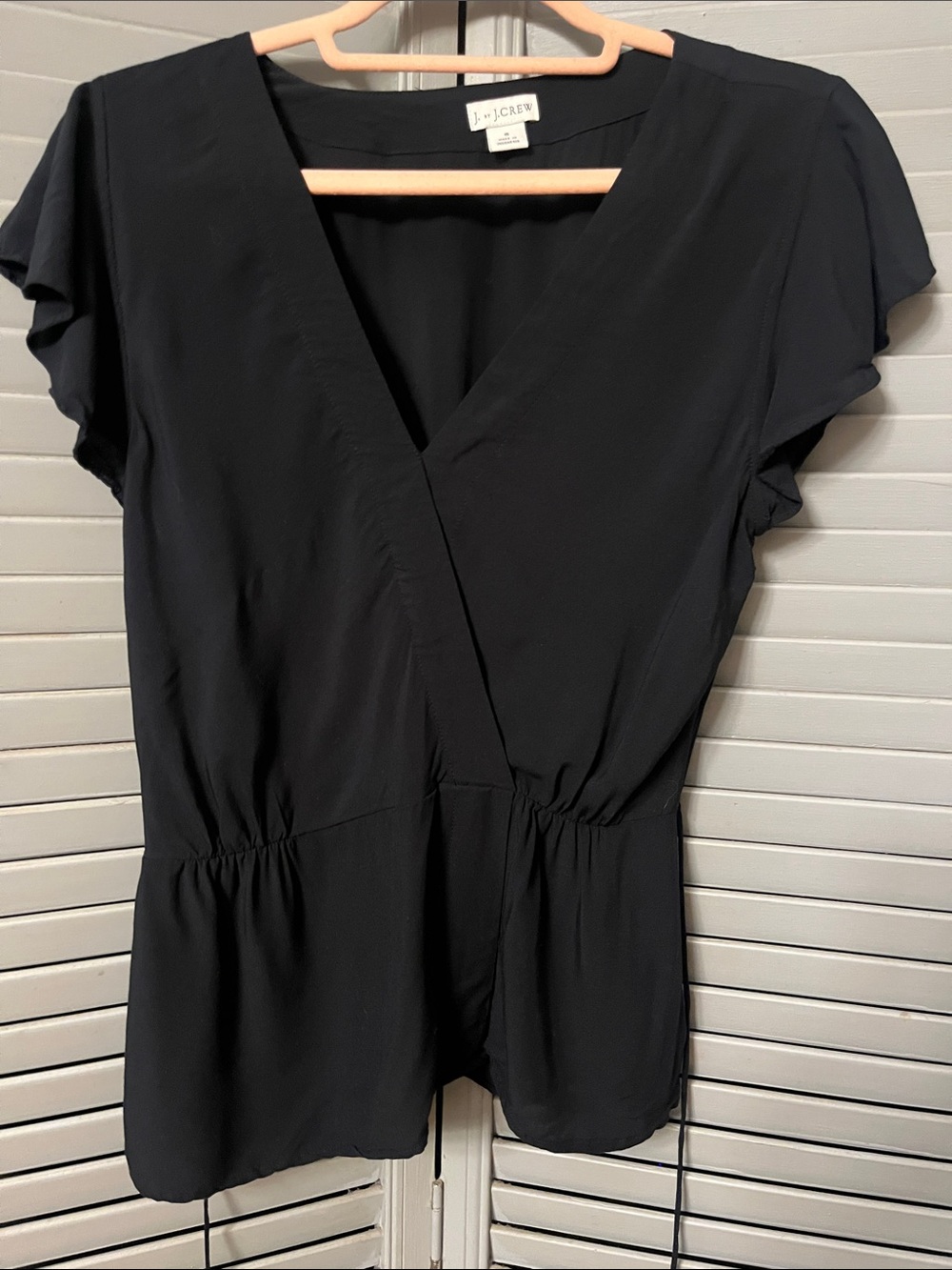 J by J. Crew Black V-Neck Peplum Blouse with Flutter Sleeves, Faux Wrap, Sz 6